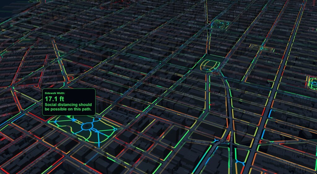 Mapa de la ciudad de Nueva York que muestra el ancho de las aceras para respetar el distanciamiento preventivo